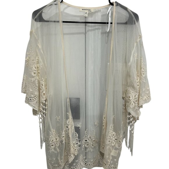 Monteau Los Angeles Lightweight Sheer Lace Embroidered Kimono Cardigan Size L Bo - Picture 1 of 9
